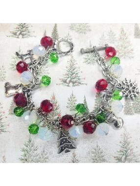 Christmas Glass Bead Jingle Toggle Clasp Charm Bracelet